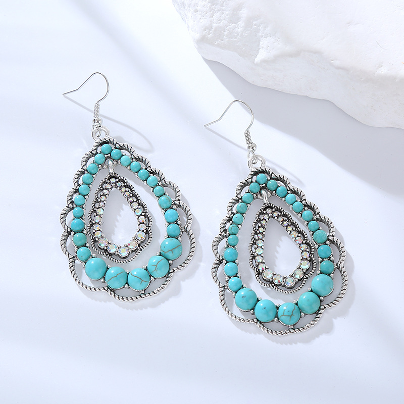 Wholesale Cross-border new double-layer water op hollow pendant inlaid turquoise earrings female personality retro high quality Party earrings