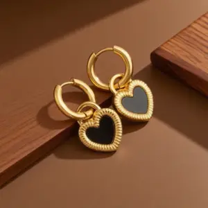 E0199-Black and White Heart Earrings- Gold