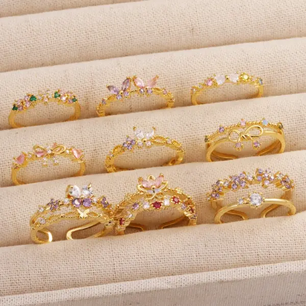Wholesale Jewelry Cute Romantic Sweet Colorful Heart Shape Petal Copper Artificial Rhinestones Artificial Diamond Rhinestones Inlay Open Rings