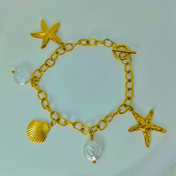 Wholesale 304 Stainless Steel Starfish Shell PVD Coated Golden Plated Hip-Hop Cable Chain Bracelets
