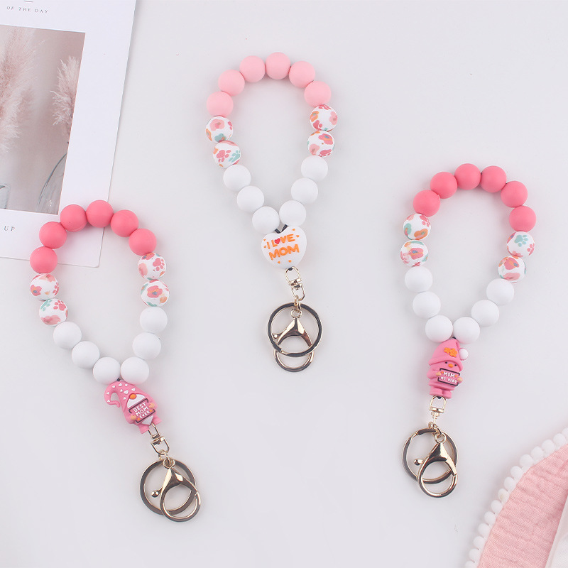 Wholesale 2025 New Mother's Day Silicone Wrist Keychain Pendant Love Silicone Beaded Bracelet Key Ring Aessories