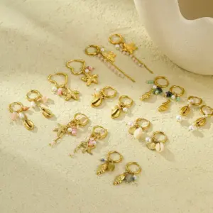 Wholesale PVD Coated Real Gold Plated 18K Gold Starfish Conch 304 Stainless Steel Vacation Waterproof Non Tarnish Earrings