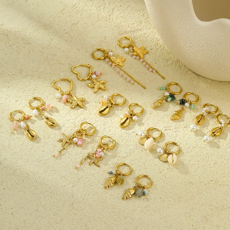 Wholesale PVD Coated Real Gold Plated 18K Gold Starfish Conch 304 Stainless Steel Vacation Waterproof Non Tarnish Earrings