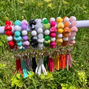 Wholesale Colorful beaded heart-shaped printed tassel bracelet/keychain