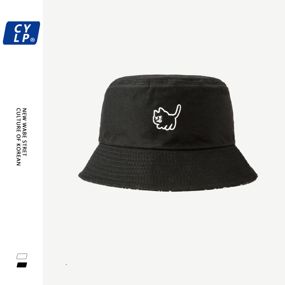 Wholesale Student Hat Chilen's Summer Korean-style Cute Cat Embroidered Double-sided Fisherman Hat Cole's Black and White Basin Hat Sun Hat for Men