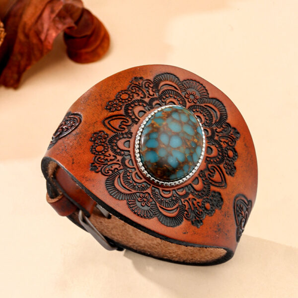oly-81ba7fc20a779549d1e5ff3883bb23a4 Wholesale Genuine Leather Bracelet, First-Layer Cowhide Genuine Leather Inlaid with Blue Turquoise Retro Pattern