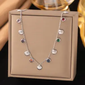 44【H1320】 Colorful Stone Shell Necklace / Steel Color