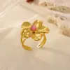 Wholesale Romantic Flower Moon Butterfly Shark Pattern Open Ring 18K Gold Plated Luxury Zircon Imitation Jade Women's Jewelry Banquet Party Wedding Jewelry Stainless Steel