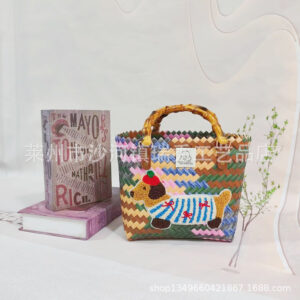 Gray color bamboo handle basket with striped dachshund