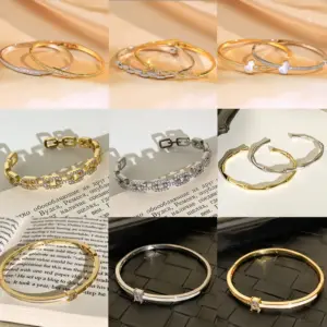 Wholesale Copper 18K Gold Plated Lady Inlay Geometric Zircon Bangle