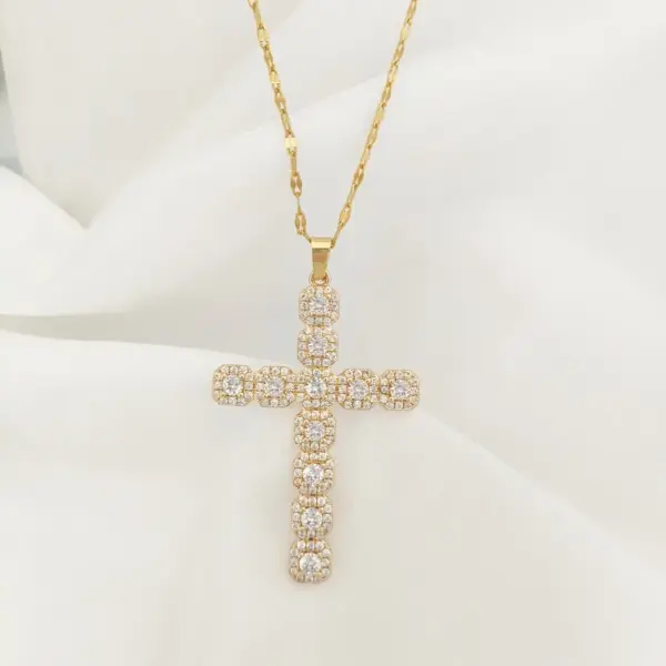 Wholesale Jewelry Commute Cross 201 Stainless Steel Glass Zircon Gold Plated Silver Plated Inlay Stainless Steel Necklaces