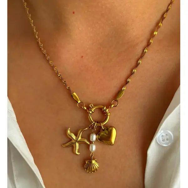 Wholesale 304 Stainless Steel Starfish Shell PVD Coated Imitation Pearl Real Gold Plated Beach Waterproof Non Tarnish Surgical Steel Bamboo Joint Steering Wheel Buckle Gold Pendant Necklace