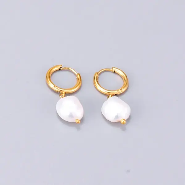Wholesale Elegant Geometric Plating 304 Stainless Steel Titanium Steel Freshwater Pearl 18K Gold Plated Vacuum Plating PVD Coated Drop Earrings