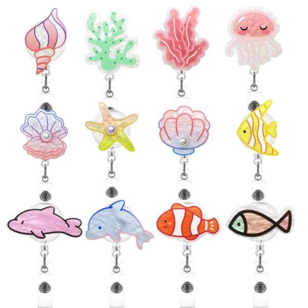 Wholesale Cross-border supply of colorful marine animal shells dolphin fish jellyfish creative shape retractable badge clip easy to pull buckle