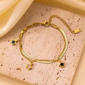 Qye60 Black and White Five-Pointed Star Bracelet / Gold