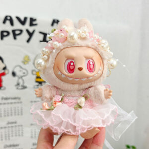 Pink floral fairy dress + pink pearl hair accessory (doll not included) / 15cm Sitting Party Pendant
