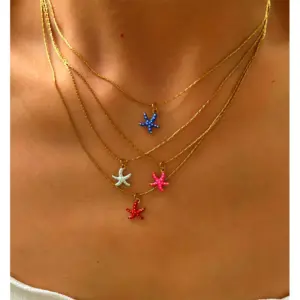 304 Stainless Steel Starfish PVD Coated Enamel Real Gold Plated Retro Simple Style Waterproof Non Tarnish Surgical Steel Bamboo Necklace Lobster Trigger Clasp Closure White Red Pendant Necklace