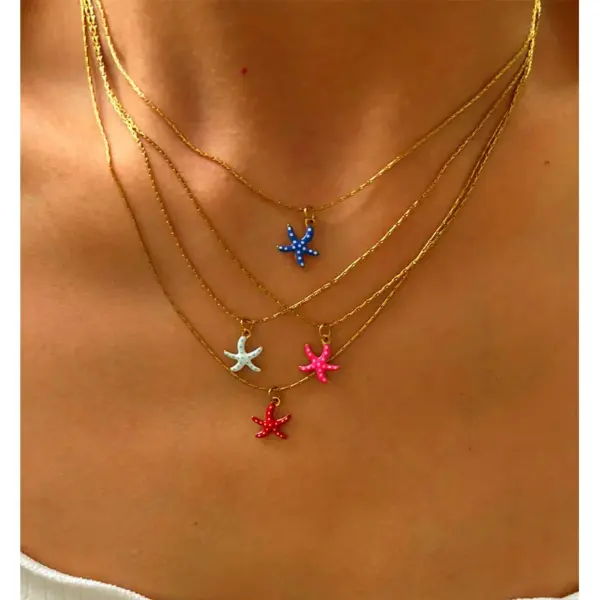 304 Stainless Steel Starfish PVD Coated Enamel Real Gold Plated Retro Simple Style Waterproof Non Tarnish Surgical Steel Bamboo Necklace Lobster Trigger Clasp Closure White Red Pendant Necklace