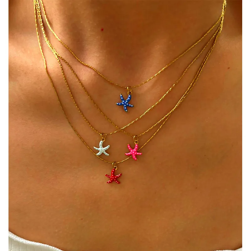 Wholesale 304 Stainless Steel Starfish PVD Coated Enamel Real Gold Plated Retro Simple Style Waterproof Non Tarnish Surgical Steel Bamboo Necklace Lob