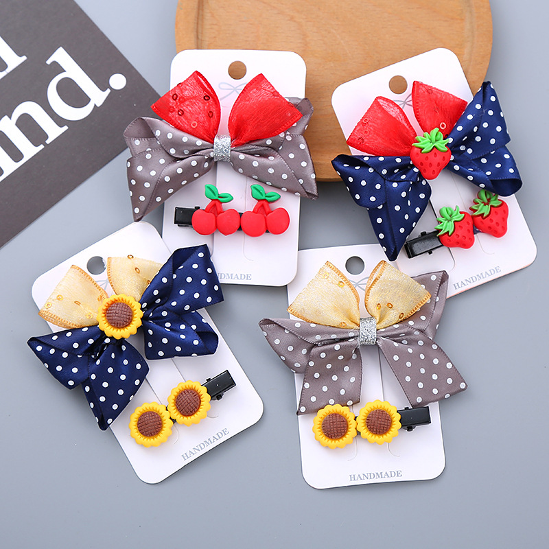 Wholesale Girl's Hair Aessories Resin Bow Hairpin Two-Piece Suower Strawberry Cherry Cute Wave Dot Hairpin Set