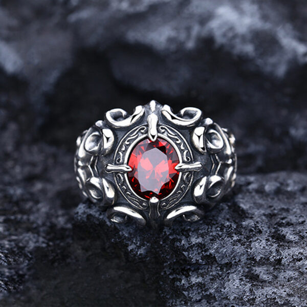Wholesale S925 Silver-Plated Trendyy Retro Thai Silver Old Style Fashionable Men's Faceted Garnet Cross Army Flower Ring