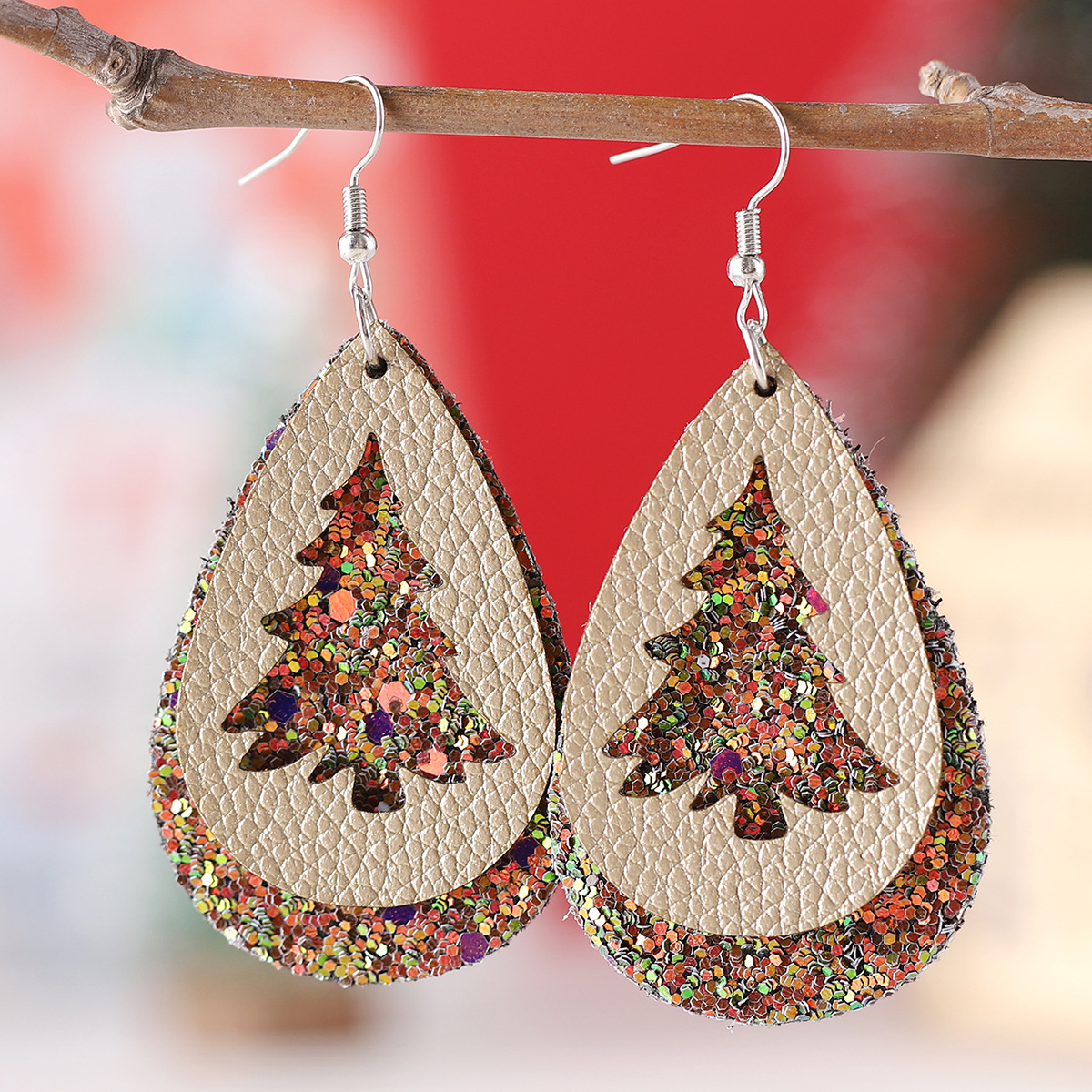 Wholesale Christmas Openwork Christmas Tree Sequin Leather Tearop Multi-Layer Earrings