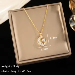 Golden Heart-shaped Zircon Moon Necklace