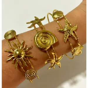 304 Stainless Steel Sun Starfish Turtle PVD Coated Rhinestones Real Gold Plated Marine Style Commute Waterproof Non Tarnish Surgical Steel Gold Bangle