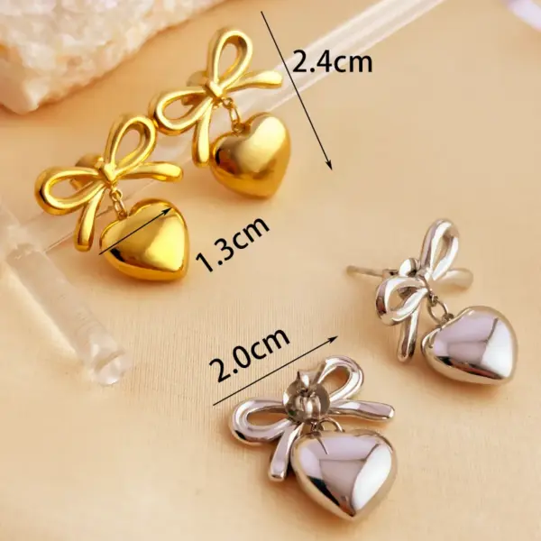 PVD Coated Real Gold Plated 18K Gold Heart Shape Bow Knot 304 Stainless Steel Elegant Glam Luxurious Waterproof Non Tarnish Dangling Earrings