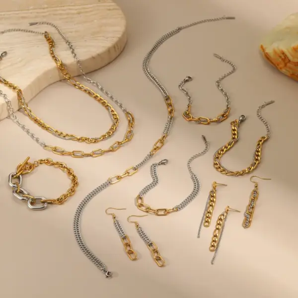 Trendy Color Block Punk Hip Hop Stainless Steel Titanium Bracelet Necklace Earring Set For Women Casual Cool Holiday Jewelry