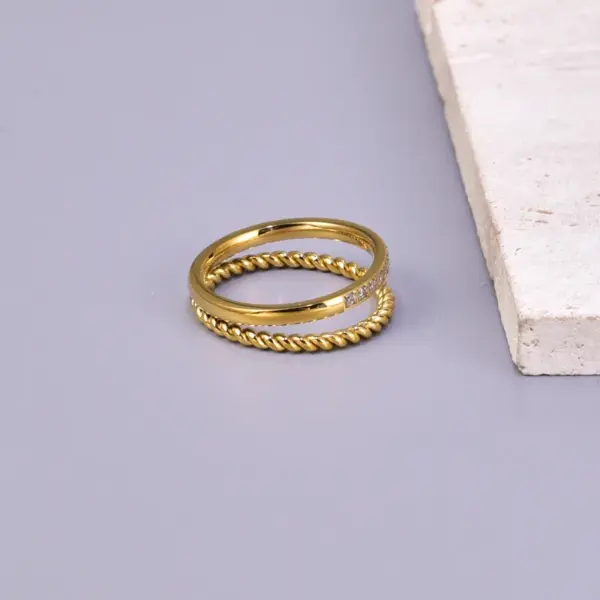Wholesale 304 Stainless Steel Solid Color PVD Coated Zircon 18K Real Gold Plated Simple Style Classic Style Commute Waterproof Non Tarnish Plating Inlay Gold Rings