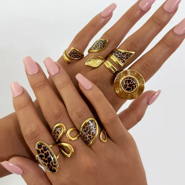 Adjustable Open Ring Stainless Steel Gold Plated Hollow Out Geometric Design Fashion Jewelry Accessory For Ladies Leopard Print