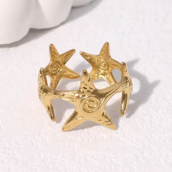 Wholesale Stainless Steel Open Ring With 18K Gold Plating Starfish Design Simple Fashionable Titanium Steel Adjustable Size Jewelry