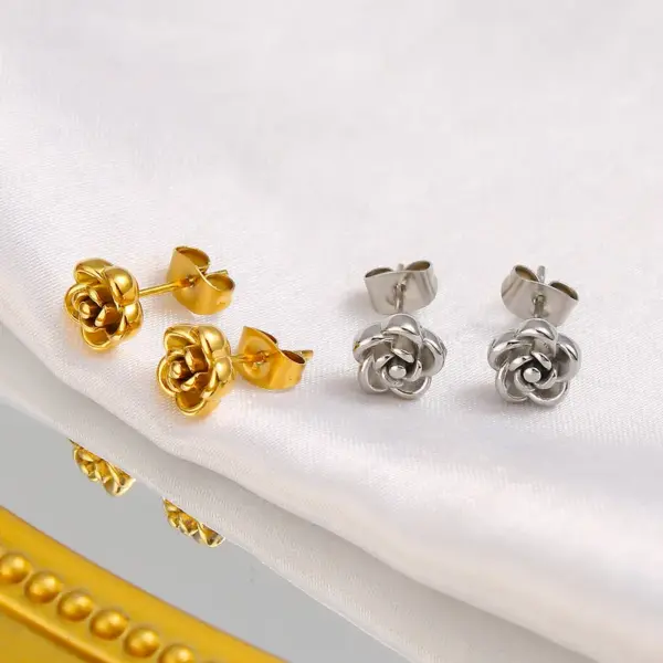 Wholesale 304 Stainless Steel Rose Flower PVD Coated 18K Gold Real Gold Plated French Style IG Style Waterproof Non Tarnish Gold Silver Ear Studs