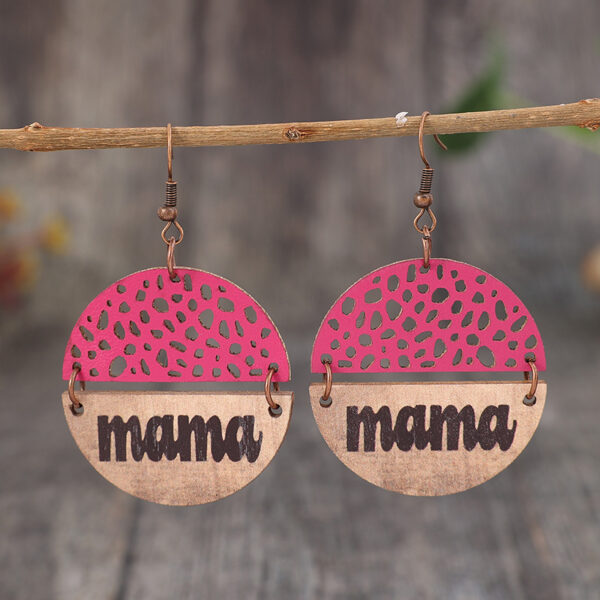 Wholesale Cross-border AliExpress New Mother's Day retro style wood piece leather combination letter mom round earrings