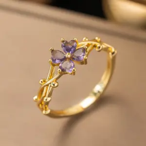 F1166 Copper Material-Purple Diamond Flower Ring Gold