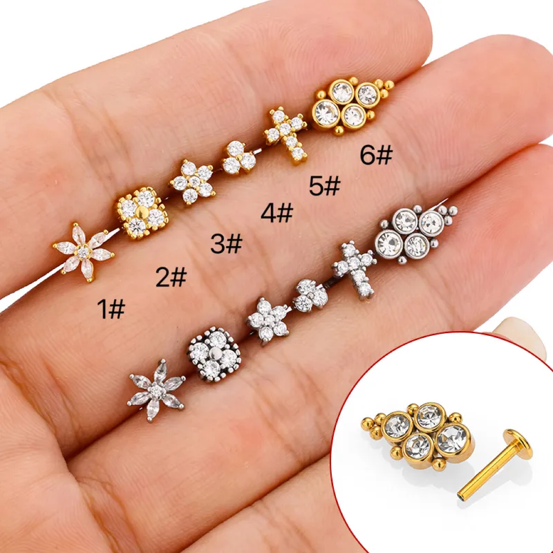 Wholesale 1 Piece Lip Rings Casual Simple Style Four Leaf Clover Plant 316L Stainless Steel Waterproof Non Tarnish Surgical Steel Zircon Ion Plating (
