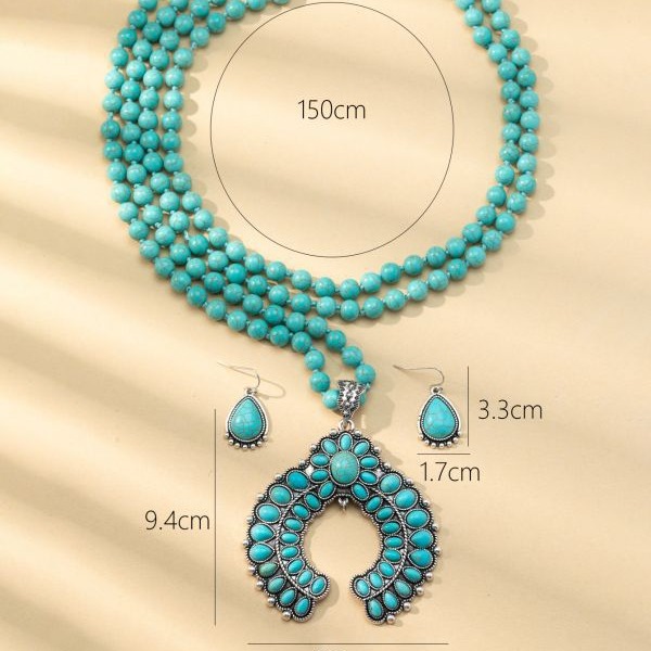 Wholesale European and American Retro Three-Layer Flower Earrings Turquoise Earrings Western Style Exaggerated Turquoise Beads Necklace Jewelry Set
