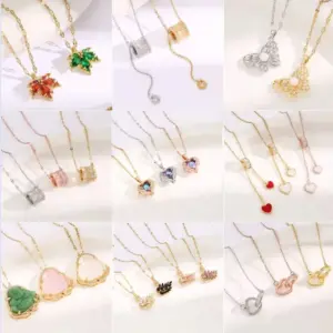 Wholesale Vintage Style Maple Leaf Heart Shape Butterfly Titanium Steel Plating Inlay Zircon Pendant Necklace