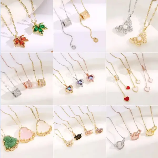 Wholesale Vintage Style Maple Leaf Heart Shape Butterfly Titanium Steel Plating Inlay Zircon Pendant Necklace