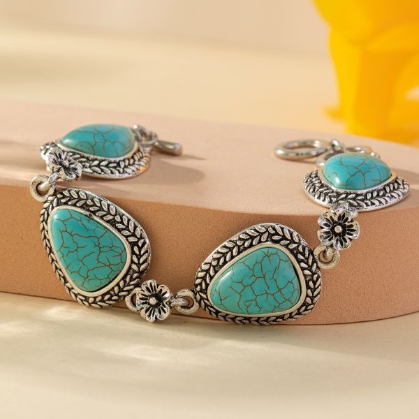 Wholesale Cross-border new bohemian style new simple fashion round t pattern turquoise environmental protection bracelet