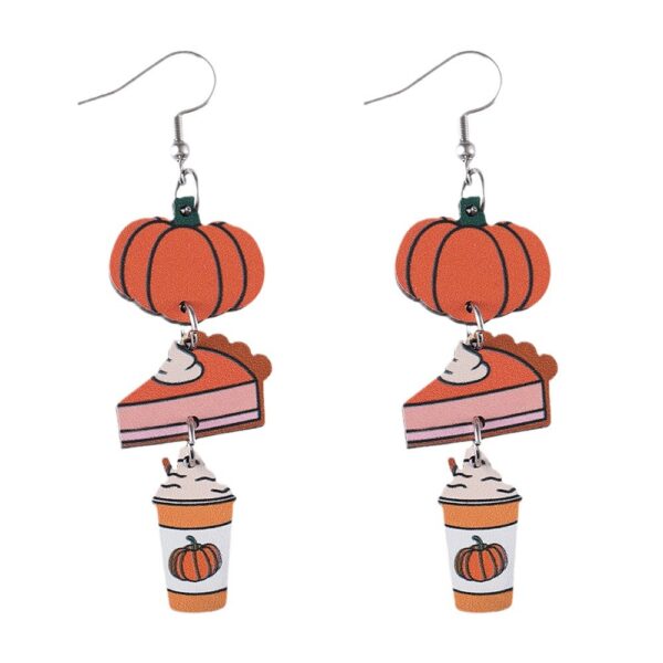 Wholesale Cross-border New Autumn Harvest Thanksgiving Pumpkin Pie Coffee Cup Triple Pendant Earrings Wooden Double-sided Earrings