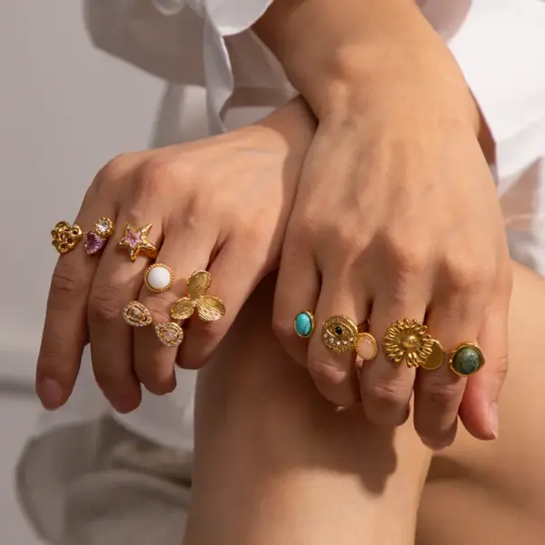 304 Stainless Steel Grid Flower PVD Coated Zircon 18K Real Gold Plated Real Gold Plated IG Style Waterproof Non Tarnish Asymmetrical Plating Open Rings