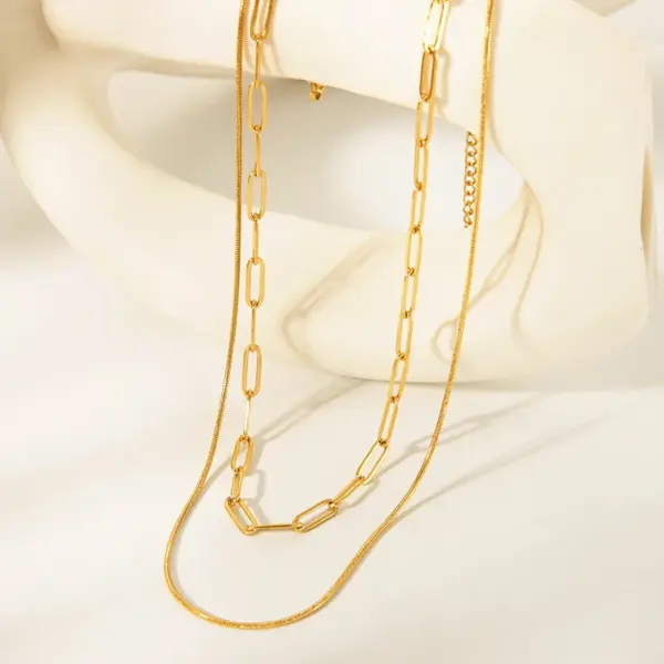 Wholesale 201 Stainless Steel Solid Color PVD Coated Real Gold Plated 18K Gold Modern Style Simple Style Streetwear Waterproof Non Tarnish Cable Chain Lobster Trigger Clasp Closure Gold Silver Double Layer Necklaces