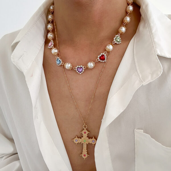 Wholesale European and American Hip-Hop Niche Color Love Diamond Necklace Men's Fashion Personality Cross-border Cross Pendant Collarbone Chain