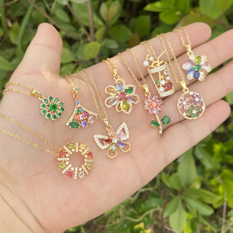 Wholesale Romantic Sweet Commute Heart Shape Flower Copper Plating Inlay 18K Gold Plated Zircon Pendant Necklace