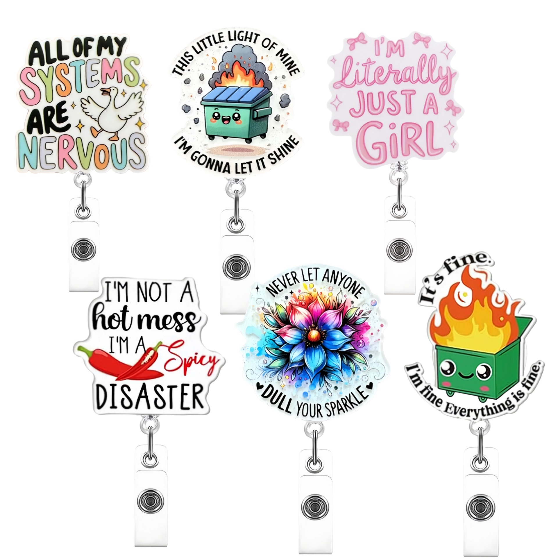 Wholesale Cross-border hot-selling glitter white acrylic creative graphic certificate badge work card easy-to-pull buckle retractable badge holder