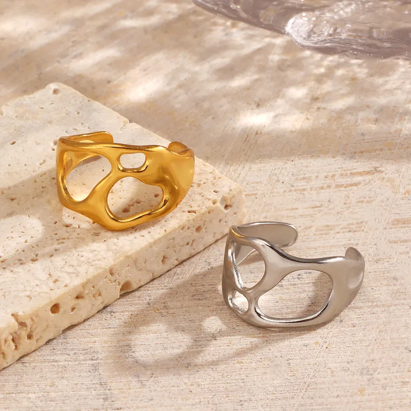 Wholesale Ion Plating (IP) 18K Gold Plated Irregular 304 Stainless Steel Elegant Glam Hip-Hop Waterproof Non Tarnish Open Rings