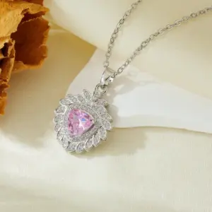Silver Sunflower Triangle Pink Diamond Necklace T021