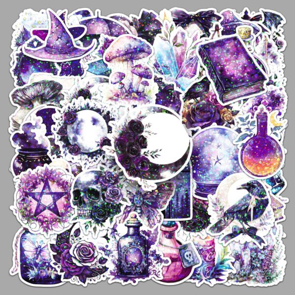 oly-83aad8725b3c2743c2a6e77e3f2290d7 Wholesale 50pcs/pack Witch Stickers with Laser Glitter Film, Halloween Stickers